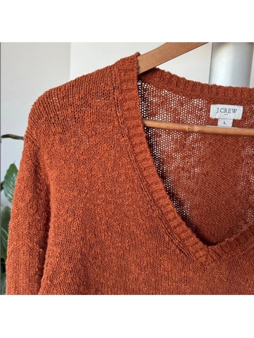 J Crew Brown Copper Knit V Neck Sweater Sz L side slits